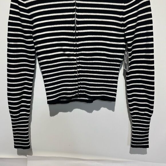 Harper & Ivy Women's Black White Stripe Full Zip Hooded Sweater Medium NWT - Picture 2 of 7